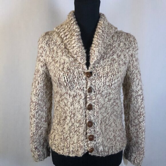 Vintage Handknit Chunky Wool Blend Cardigan — Cream & Chestnut Marled Yarn - Picture 11 of 13